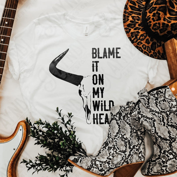 Blame It On My Wild Heart Sublimation Design PNG Digital Download Printable Western Single Color Rodeo Steer Skull Bull He'd Cowboy Cowgirl