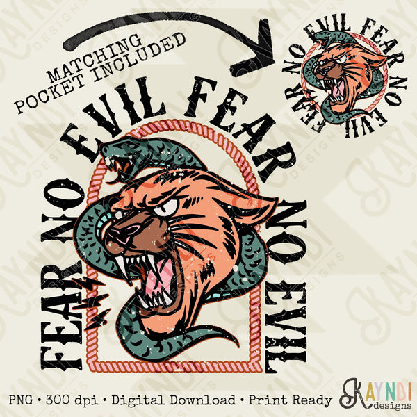 Fear No Evil Pocket Design Included Muted Sublimation Design PNG Digital Download Printable Snake Lion Cat Grunge Christian Rock Retro