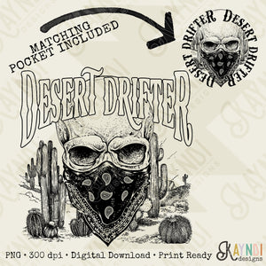 Desert Drifter Matching Pocket Included Single Color Sublimation Design PNG Digital Download Printable Cactus Cowboy Skull Bandana Western