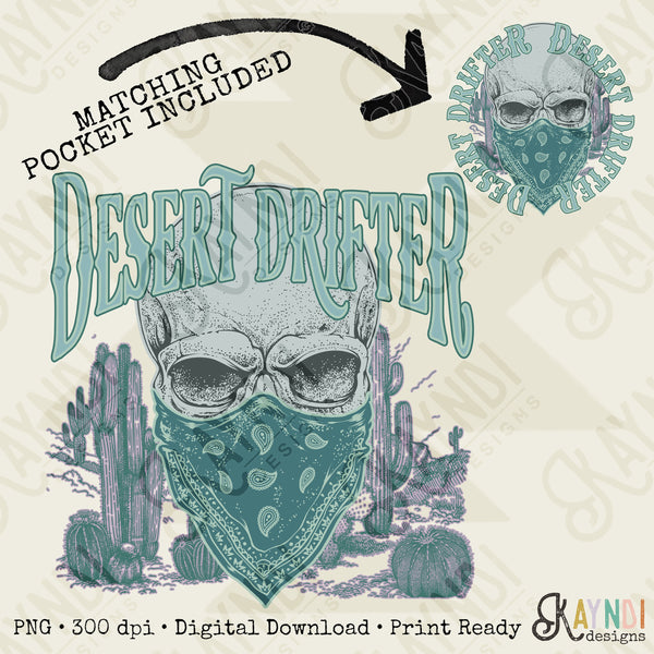 Desert Drifter Matching Pocket Included Blue Sublimation Design PNG Digital Download Printable Cactus Cowboy Skull Bandana Western Cowgirl