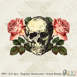 Vintage Skull Roses Sublimation Design PNG Digital Download Printable Floral Distressed Grunge Rocker Flowers