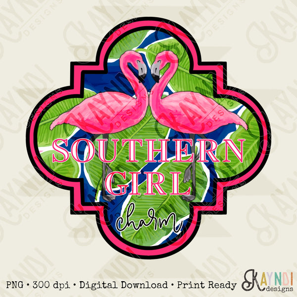 Southern Girl Charm Flamingo Sublimation Design PNG Digital Download Printable Southern Prep Preppy Girly Beach Tropical Leaves Palm Leaf