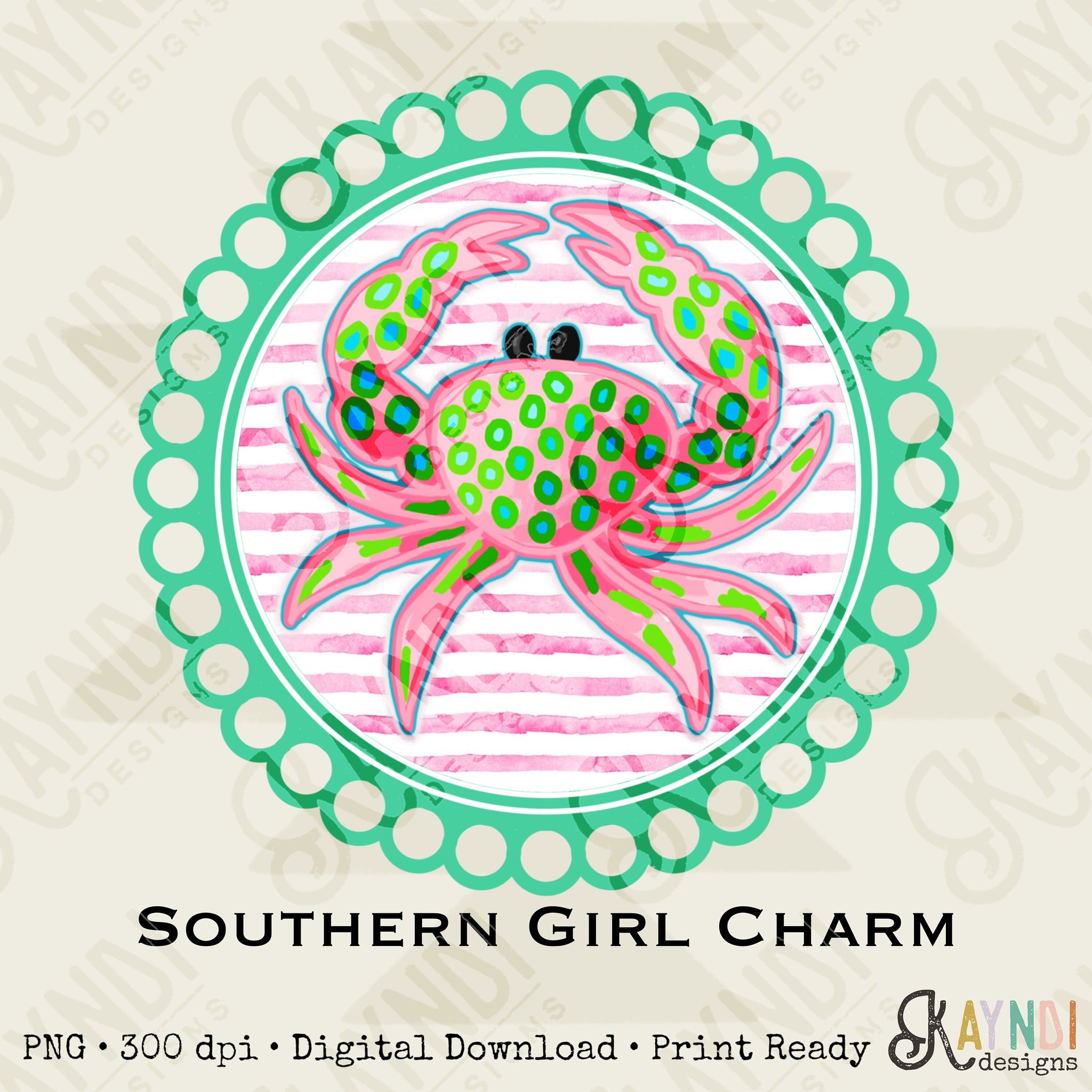 Southern Girl Charm Crab Sublimation Design PNG Digital Download Printable Southern Preppy Beach Summer Girly Prep Preppy Pink Teal