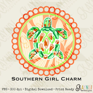 Southern Girl Charm Turtle Sublimation Design PNG Digital Download Printable Southern Preppy Beach Summer Girly Prep Preppy SeaTurtle Orange