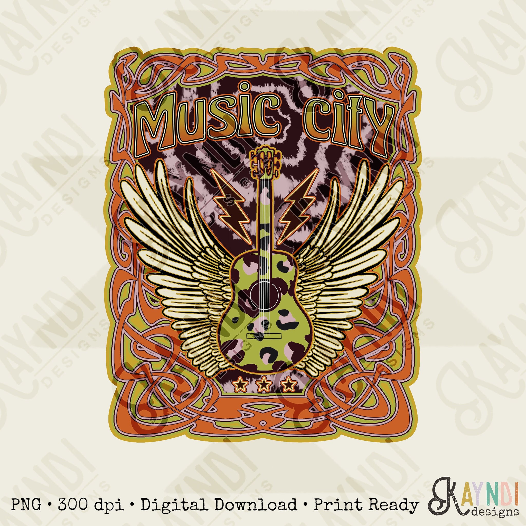 Music City Dark Sublimation Design PNG Digital Download Printable Retro Groovy Country Retro Band Guitar Wings Leopard 70s Seventies