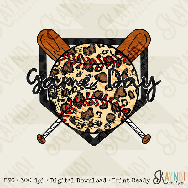 Leopard Baseball Game Day Design Sublimation Printable PNG Digital Download Cute Doodle Cheetah Print Polka Dots Baseball Bat Home Plate