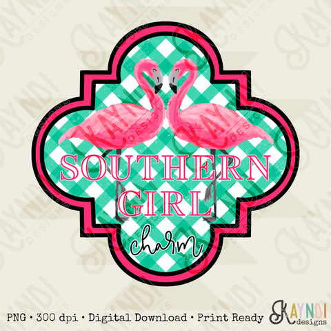 Southern Girl Charm Flamingo Sublimation Design PNG Digital Download Printable Southern Prep Preppy Girly Beach Gingham