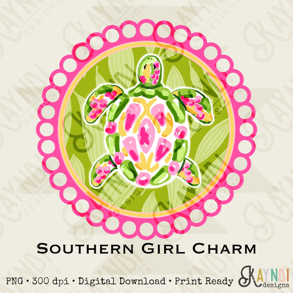 Southern Girl Charm Turtle Sublimation Design PNG Digital Download Printable Southern Preppy Beach Summer Girly Prep Preppy Sea Turtle Green