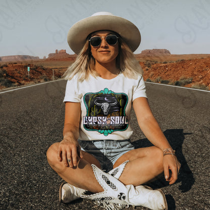Gypsy Soul And Born For Leavin Sublimation Design PNG Digital Download Printable Steer Skull Desert Turquoise Poncho Cowgirl Western Boho