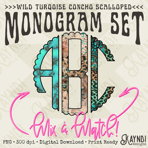 Wild Turqouise Concho Scalloped Monogram Set Sublimation Design PNG Digital Download Printable Turquoise Leopard Western Cowgirl Grungy