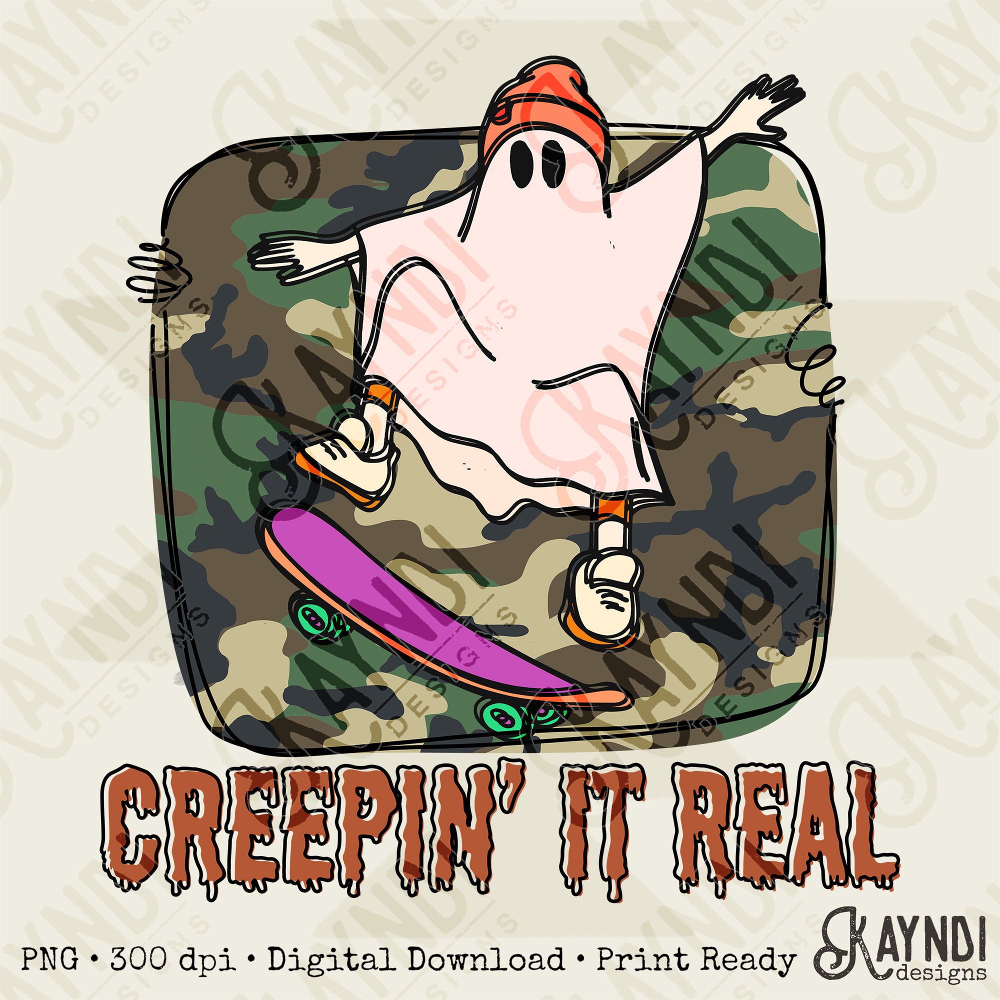 Creepin It Reel Sublimation Design PNG Digital Download Printable Skater Ghost Retro Boys Halloween Design Skateboard Hipster Fall Camo