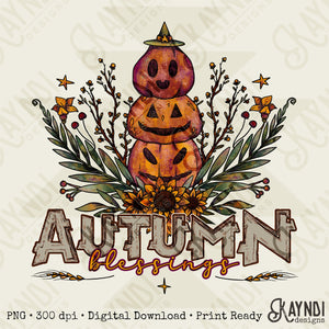 Autumn Blessings Sublimation Design PNG Digital Download Printable Jack O Lanterns Fall Country Sunflower Halloween Harvest Festival
