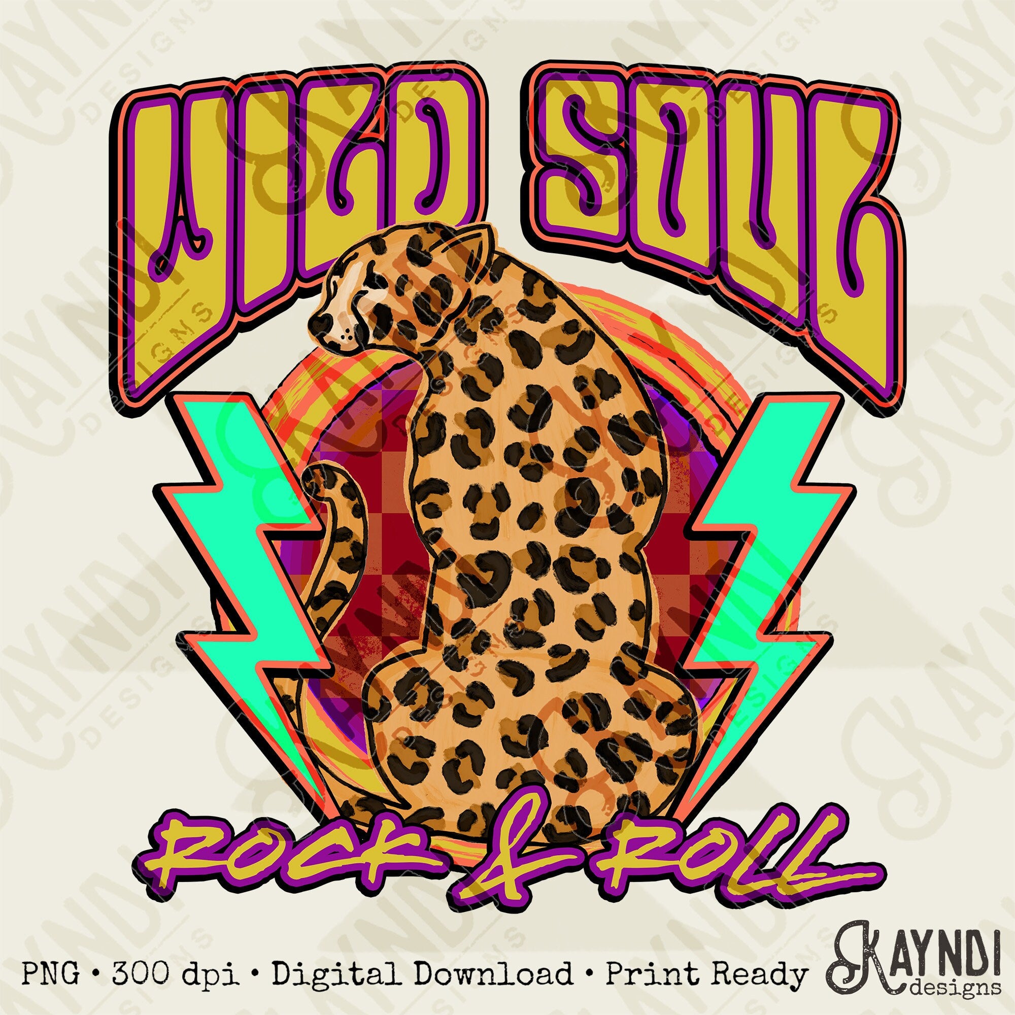 Wild Soul Rock & Roll Sublimation Design PNG Digital Download Printable Leopard Cheetah 70s 80s Rock Band Retro Groovy