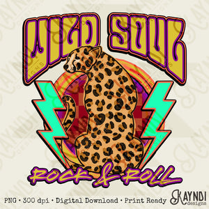 Wild Soul Rock & Roll Sublimation Design PNG Digital Download Printable Leopard Cheetah 70s 80s Rock Band Retro Groovy