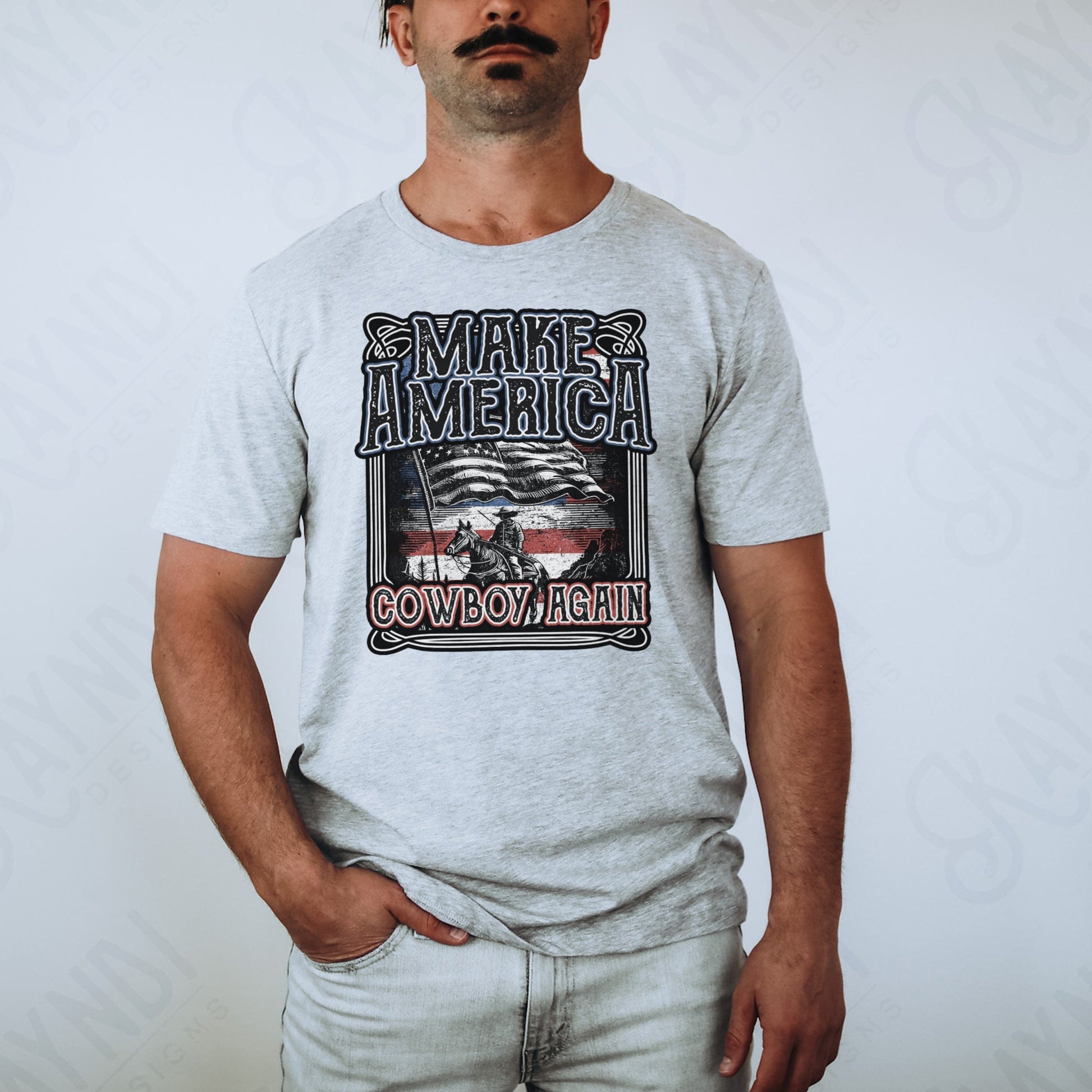 Make America Cowboy Again Sublimation Design PNG Digital Download Printable Southern Country Blue Collar Western Mens Guys Patriot Flag 2A