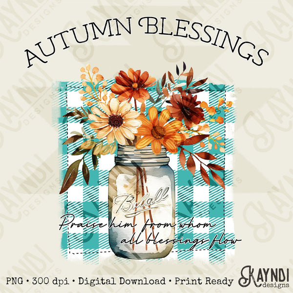 Autumn Blessing Sublimation Design PNG Digital Download Printable Canning Mason Jar Fall Flower Christian Faith Religious Fall Harvest